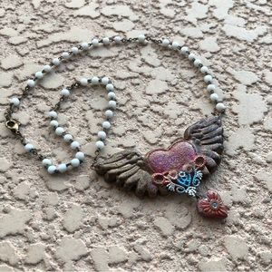 Artisan Hand Made Flying Winged Heart Talisman Necklace Boho 18 Inch